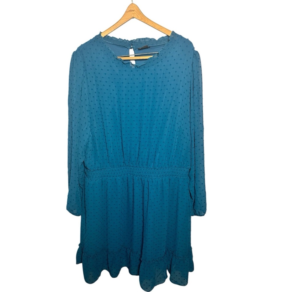 Women’s Elegant Teal Blue Long Sleeve Dress Clip Dot Plus 22